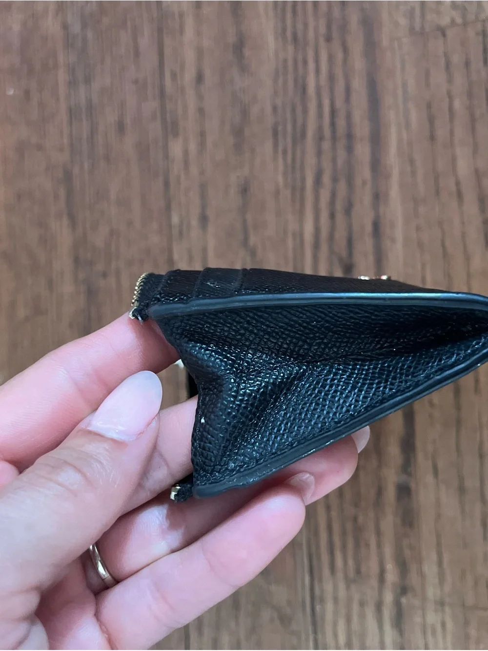 COACH Black Pebbled Leather Zip Card Wallet with Gold Logo